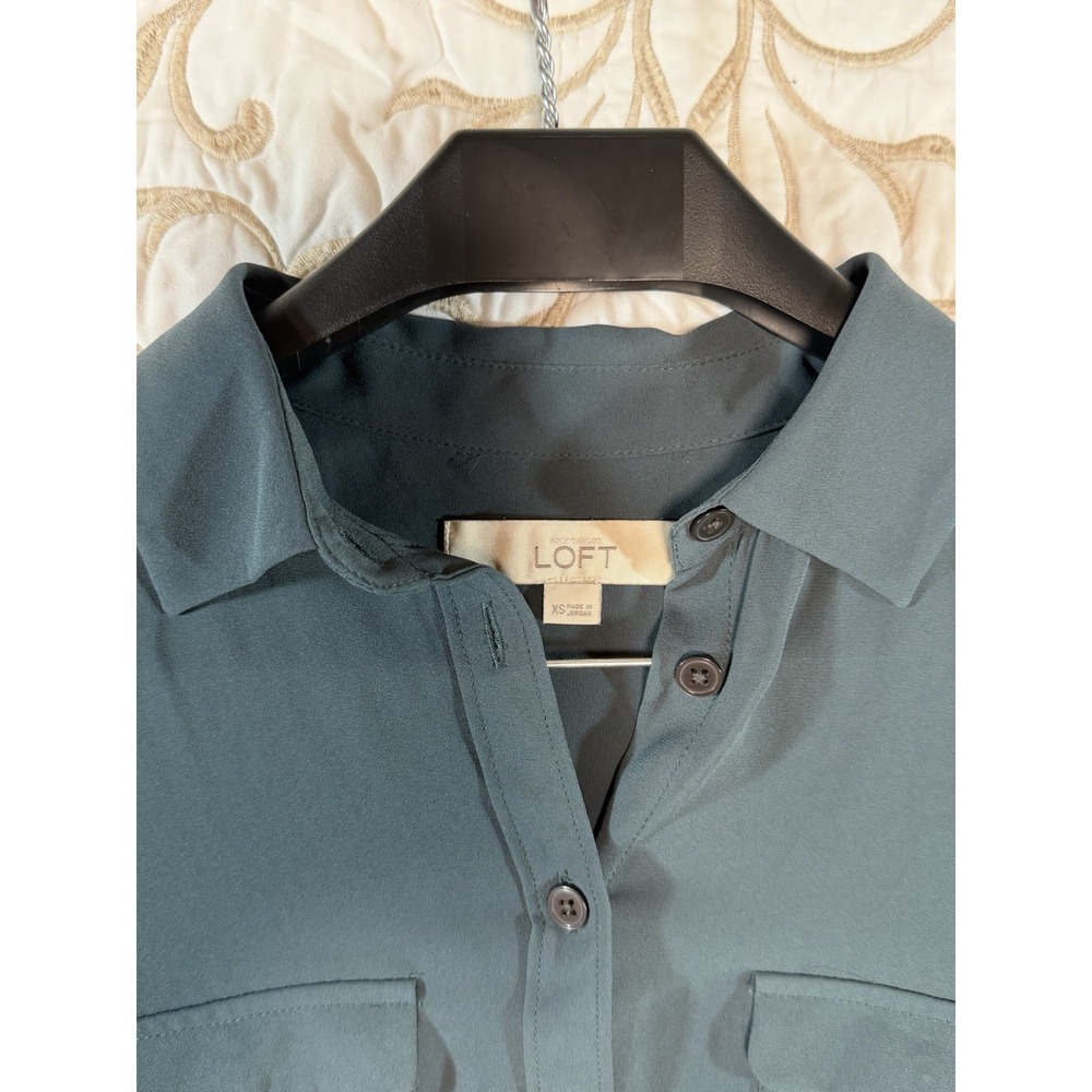 LOFT Womens XS Gray Green Button Down Blouse Utility Shirt Roll Tab Sleeve